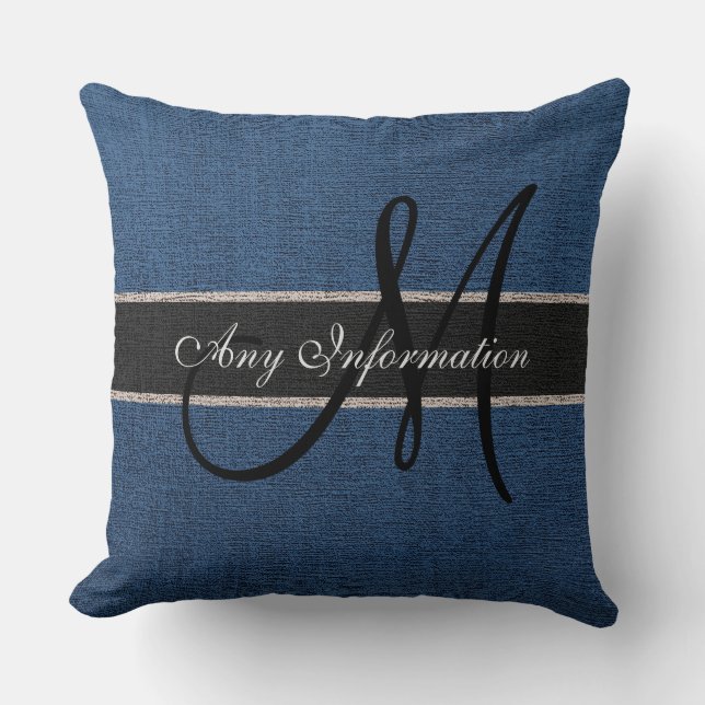 Monogram Dark Blue Burlap Rustic Jute Cushion (Front)