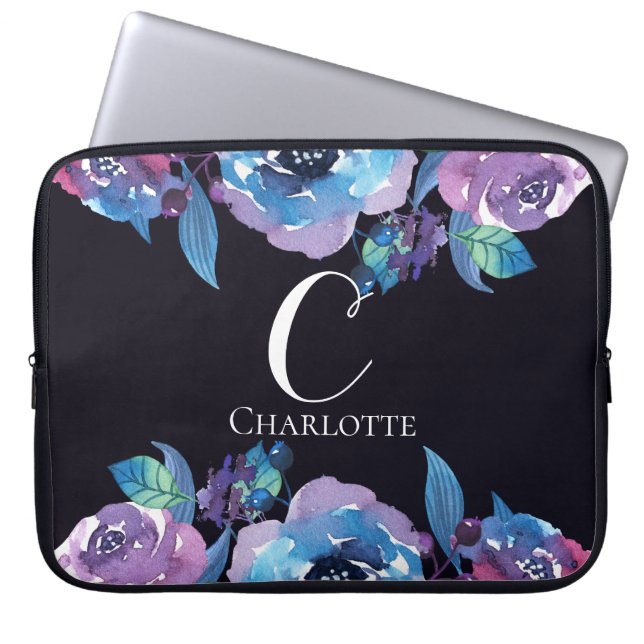 Monogram Dark Blue with Purple and Blue Flowers Laptop Sleeve (Front)