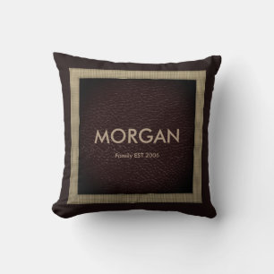 Monogram Dark Brown Faux Leather Throw Pillow