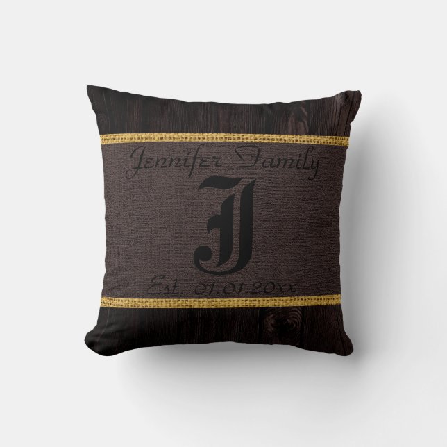 Monogram Dark Brown Rustic Burlap Linen Wood Look Cushion (Front)