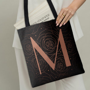 Monogram Dark Floral Rose Motivational Quote Tote Bag