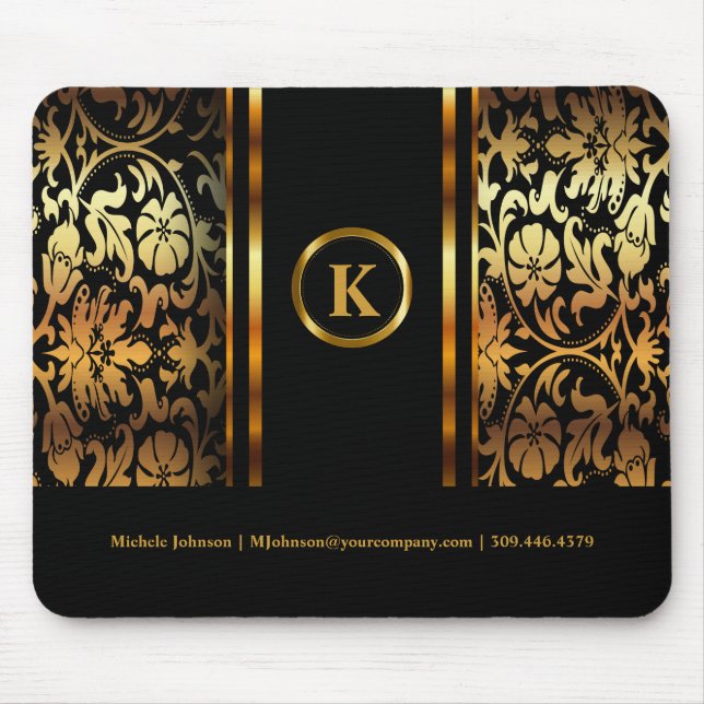 Monogram Dark Gold & Black Floral Damask Mouse Pad (Front)