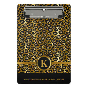Monogram Dark Gold & Black Leopard Pattern Mini Clipboard