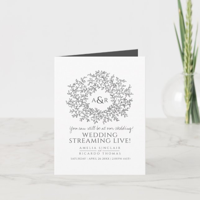Monogram dark gray white leaf wedding live stream announcement (Front)