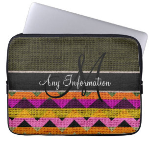 Monogram Dark Green Chevron Zigzag Burlap Jute Laptop Sleeve