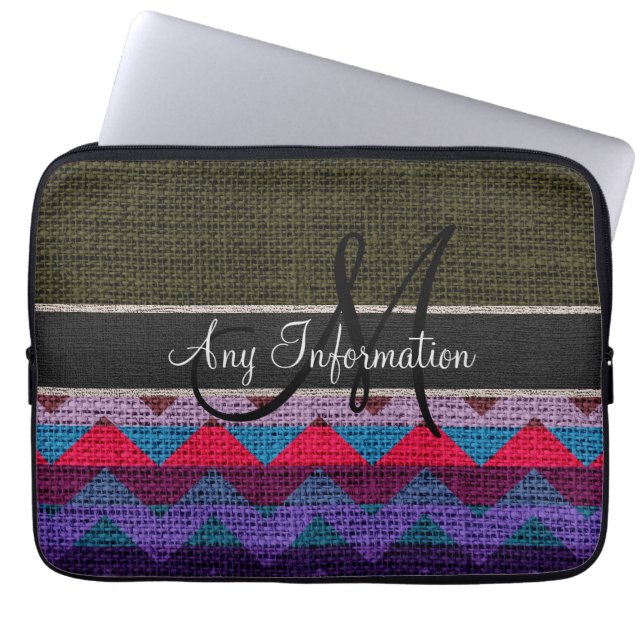 Monogram Dark Green Chevron Zigzag Burlap Jute Laptop Sleeve (Front)
