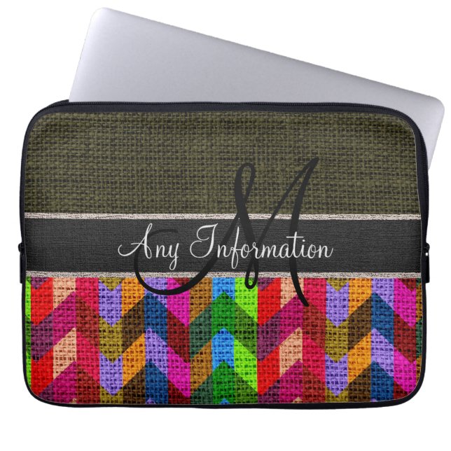 Monogram Dark Green Chevron Zigzag Burlap Jute Laptop Sleeve (Front)