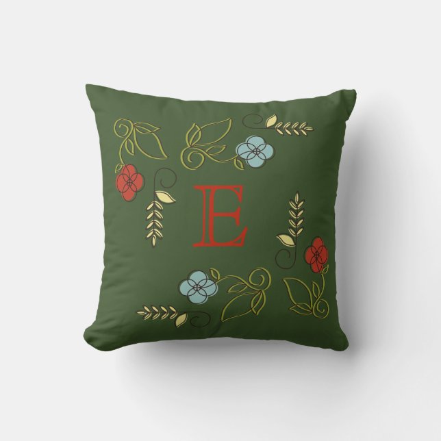 Monogram Dark Green Flowers Wedding Pillow (Front)