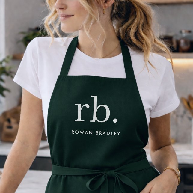 Monogram Dark Green Stylish Modern Minimalist Apron (Stylish dark green custom monogram aprons, for business or personal use.)
