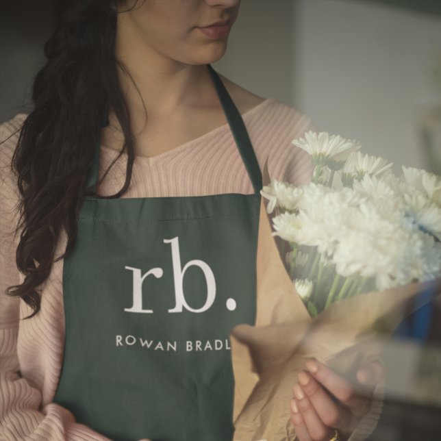 Monogram Dark Green Stylish Modern Minimalist Apron (Creator Uploaded)