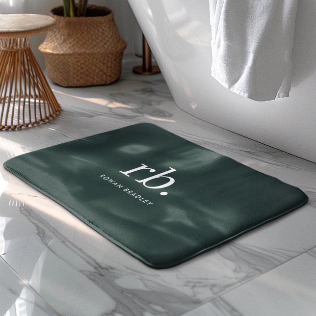 Monogram Dark Green Stylish Modern Minimalist Bath Mat (Creator Uploaded)