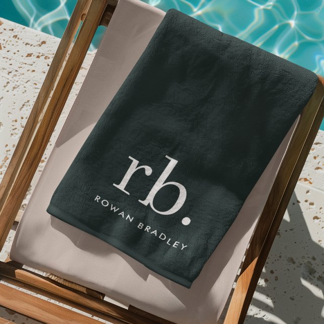 Monogram Dark Green Stylish Modern Minimalist Beach Towel (Creator Uploaded)