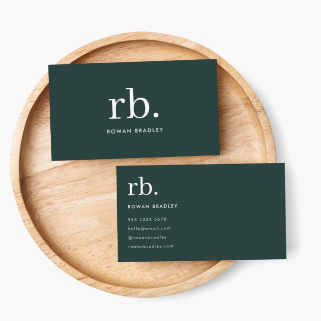 Monogram Dark Green Stylish Modern Minimalist Business Card (Stylish dark green custom monogram business cards.)