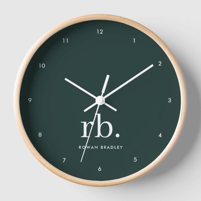 Monogram Dark Green Stylish Modern Minimalist Clock (Front)