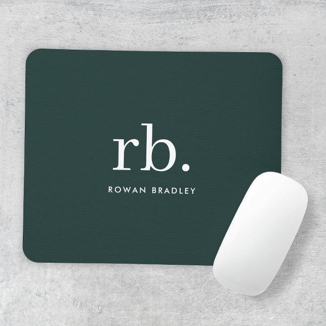 Monogram Dark Green Stylish Modern Minimalist Mouse Pad (Stylish dark green custom monogram mousepad, for business or personal use.)