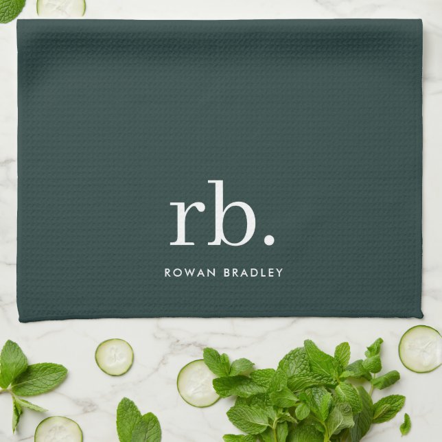 Monogram Dark Green Stylish Modern Minimalist Tea Towel (Folded)
