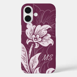 Monogram Dark Magenta Pink Vintage Flowers iPhone 16 Case