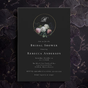 Monogram Dark Moody Flowers Wedding Bridal Shower Invitation
