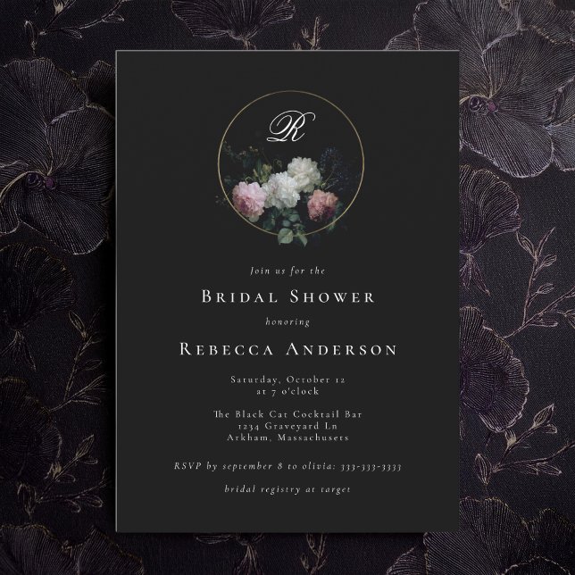 Monogram Dark Moody Flowers Wedding Bridal Shower Invitation (Creator Uploaded)