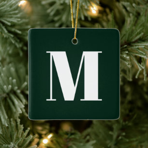 Monogram dark pine green custom initial Christmas Ceramic Ornament