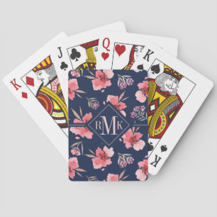 Monogram Dark Pink Watercolor Pattern Playing Cards