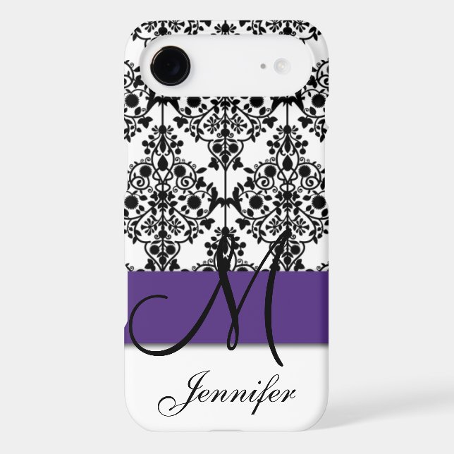 Monogram Dark Purple Black White Floral Damask Case-Mate iPhone Case (Back)