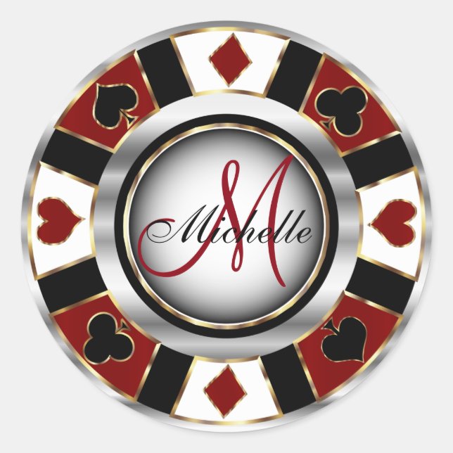 Monogram Dark Red  Casino Poker Chip Design Classic Round Sticker (Front)