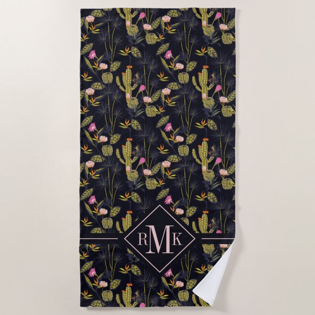Monogram | Dark Summer Night Cactus Pattern Beach Towel (Front)