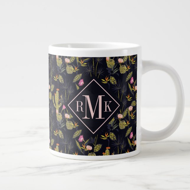 Monogram | Dark Summer Night Cactus Pattern Large Coffee Mug (Right)