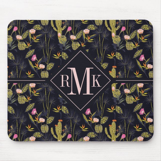 Monogram | Dark Summer Night Cactus Pattern Mouse Pad (Front)