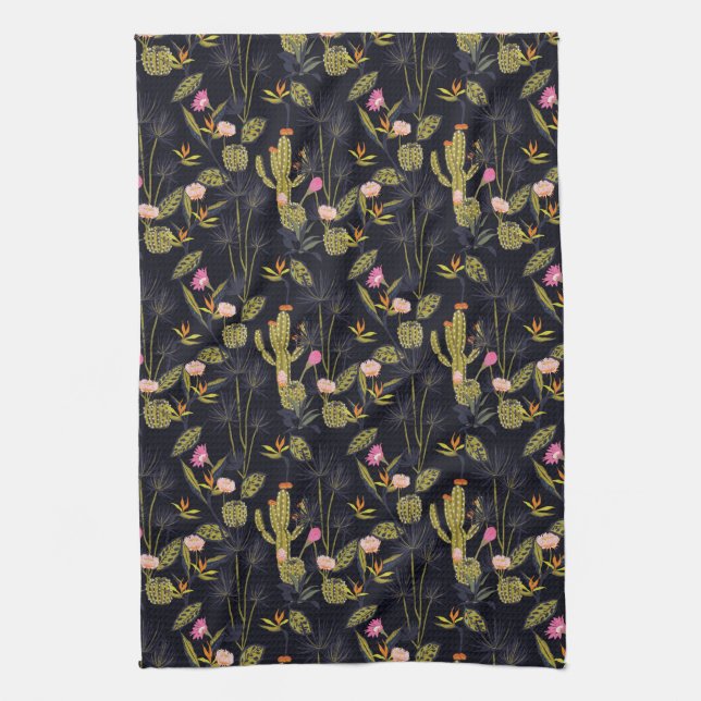 Monogram | Dark Summer Night Cactus Pattern Tea Towel (Vertical)