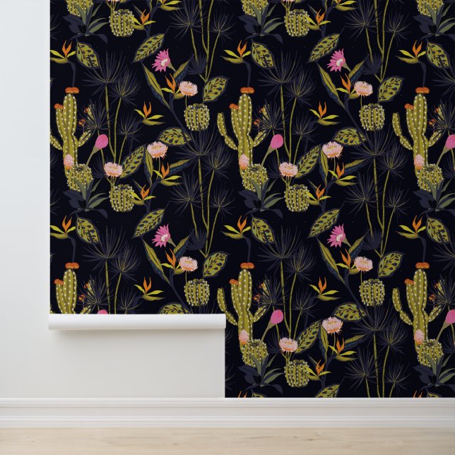 Monogram | Dark Summer Night Cactus Pattern Wallpaper (Application)