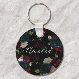 Monogram Dark Turquoise Red Floral Bloom Key Ring