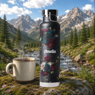 Monogram Dark Turquoise Red Floral Bloom Water Bottle