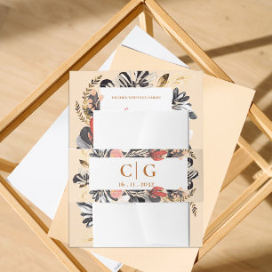Monogram & Date Blush and Black Floral Wedding Invitation Belly Band