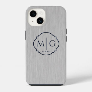 Monogram Date Premium Brushed Silver Metal Texture iPhone 14 Case