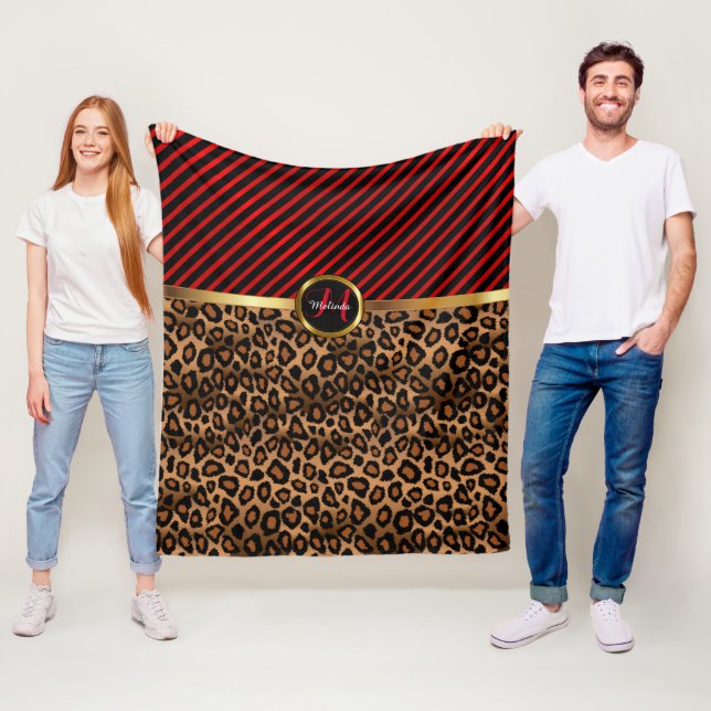 Monogram Deep Red Leopard Animal Print Fleece Blanket (In Situ)