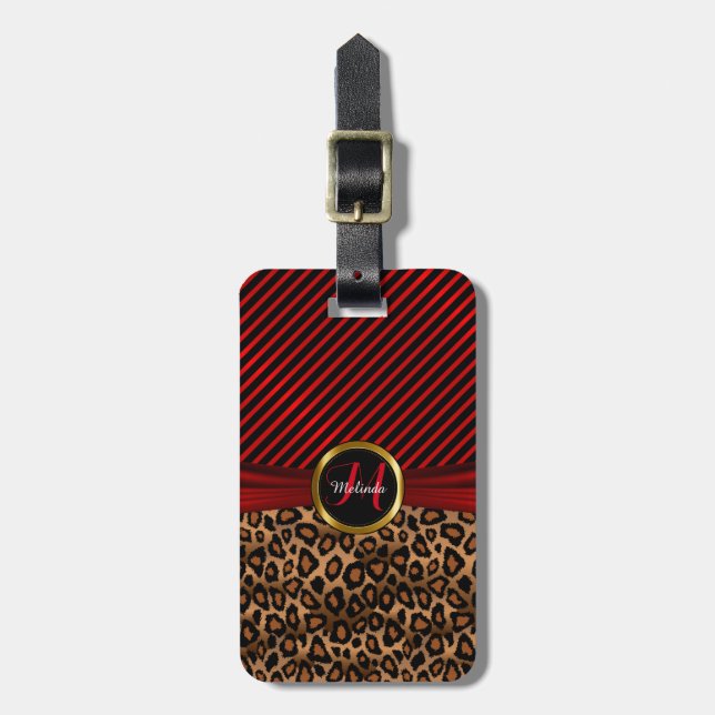 Monogram Deep Red Leopard Animal Print Luggage Tag (Front Vertical)