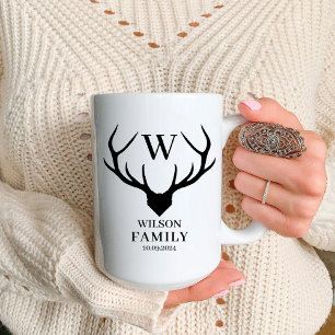 Monogram Deer Horn Cute Happy Family Name Two-Tone Coffee Mug