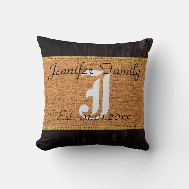 Monogram Deer Rustic Burlap Linen Wood Look Cushion (Front)