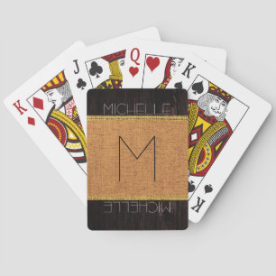 Monogram Deer Rustic Burlap Wood Look Playing Cards