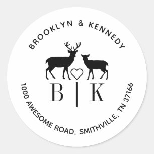Monogram Deer Wedding Couple Name Return Address Classic Round Sticker