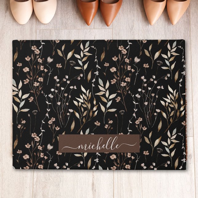 Monogram Delicate Watercolor Brown Flowers Leaves Doormat (In situ)