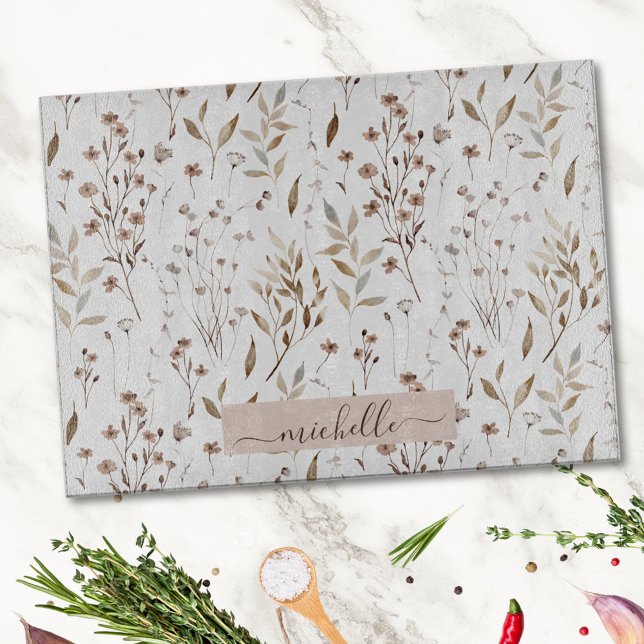 Monogram Delicate Watercolor Dried Flowers Leaves Cutting Board (In situ)