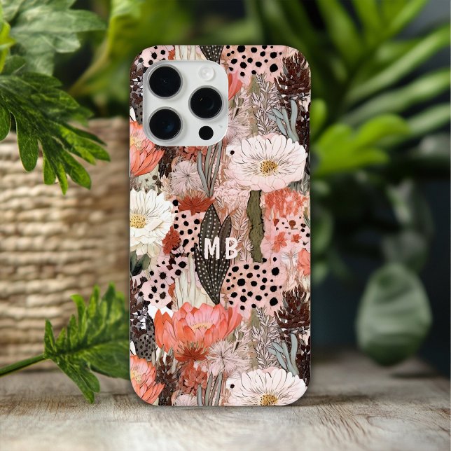 Monogram Desert Boho Floral Modern Chic iPhone Case (Creator Uploaded)