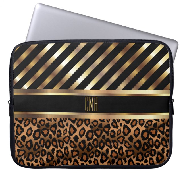 Monogram Design |  Gold Stripes and Leopard Skin Laptop Sleeve (Front)