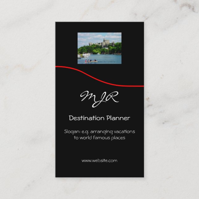 Monogram, Destination Planner, red swoosh Business Card (Front)