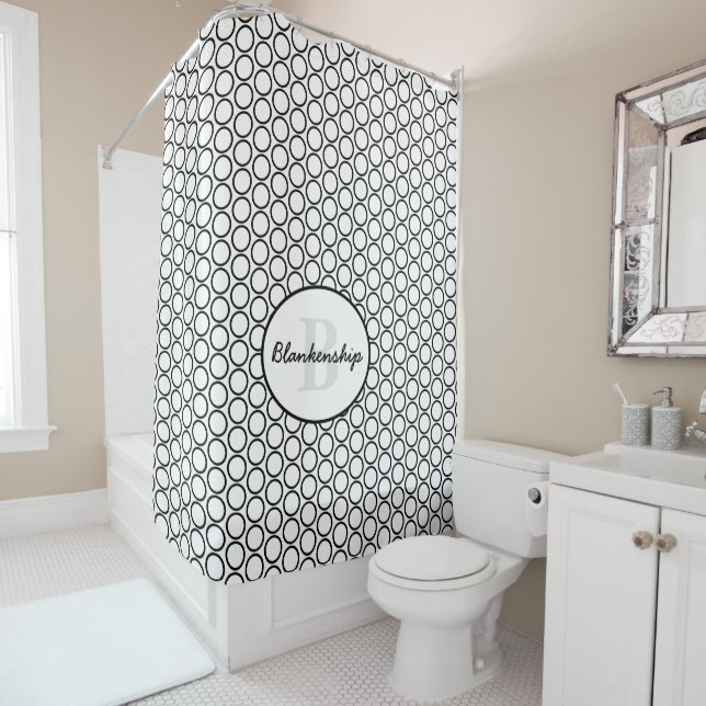 Monogram Diagonal Black White Circle Pattern Over Shower Curtain (In Situ)