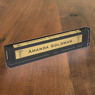 Monogram Doctor Nurse Black and Gold Caduceus Nameplate