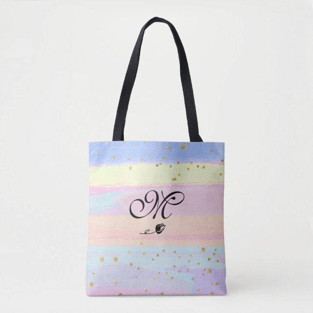*~* Monogram  Doodle Tulip Pastel Gold Glitter Tote Bag (Front)